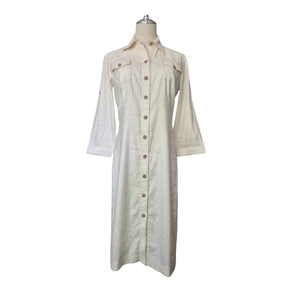 Antonio Melani Linen Blend Shirt Dress‎ Ivory Button Front Midi Dress Size 4
